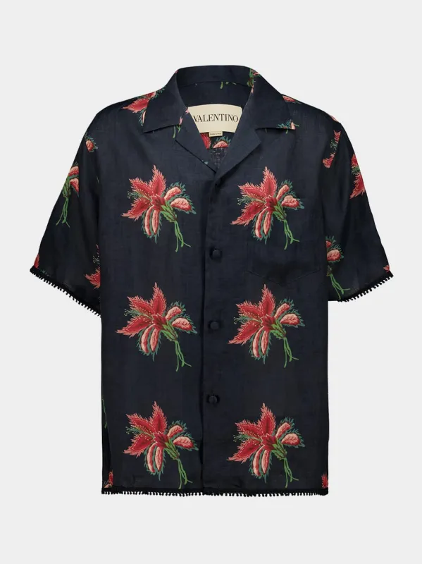 Black Linen Bowling Shirt with Red Papier Floral Print made by Valentino Garavani