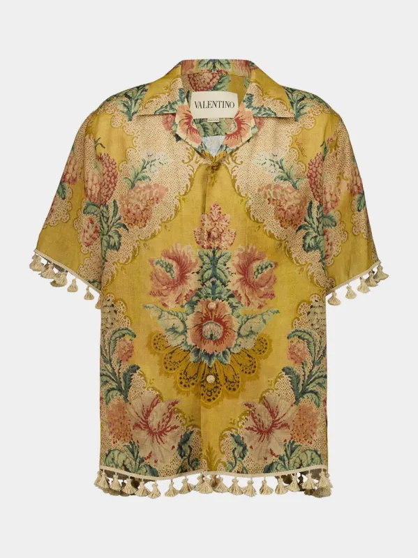 Yellow Linen Bowling Shirt with Après L’Hiver Print sold by Fashion Clinic