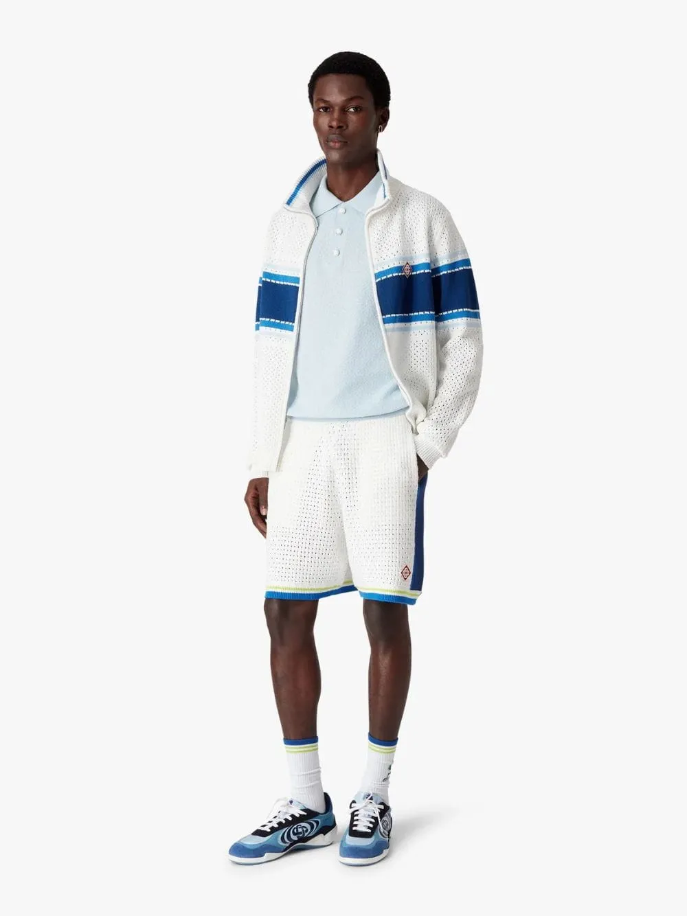 White and Blue Striped Mesh Track Jacket sold by Fashion Clinic