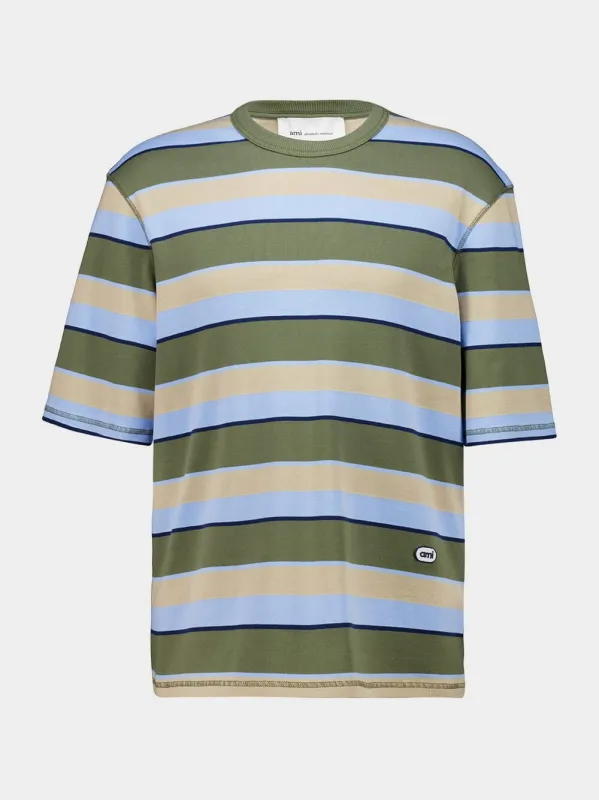 Blue and Khaki Striped Cotton Oversize T-Shirt made by Ami
