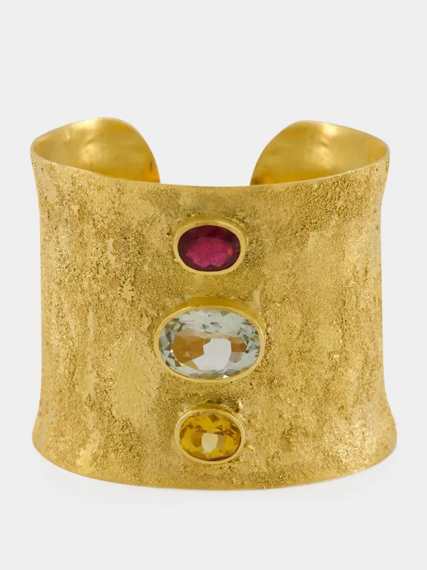 Gold Cuff Bracelet with Rubellite and Amethyst made by Fashion Clinic