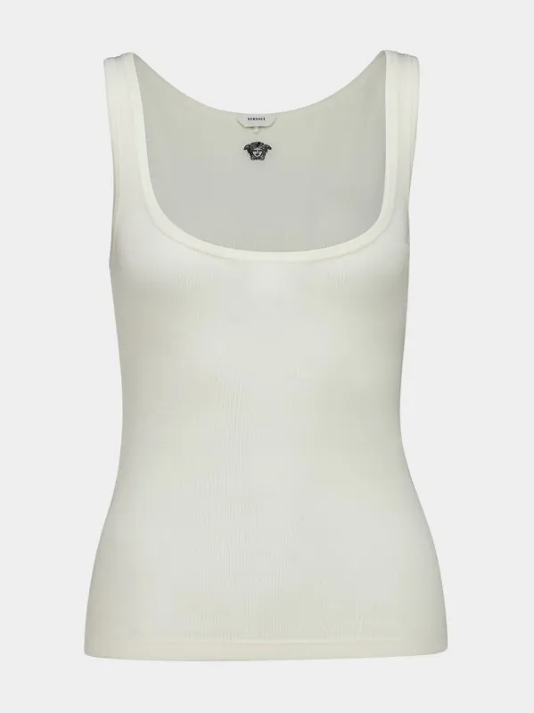 White Embroidered Ribbed Wool Tank Top made by Versace