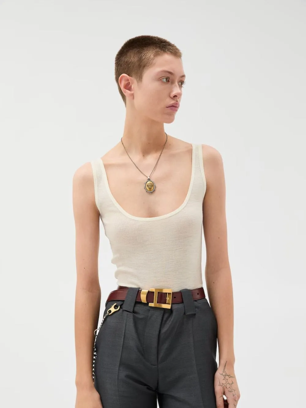 White Embroidered Ribbed Wool Tank Top sold by Fashion Clinic product image thumbnail 2