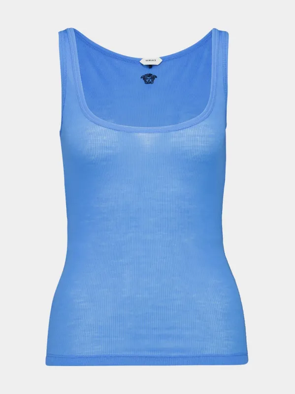 Blue Embroidered Ribbed Wool Tank Top made by Versace