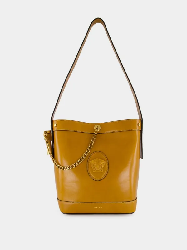 Brown Pivot Small Leather Bucket Bag made by Versace