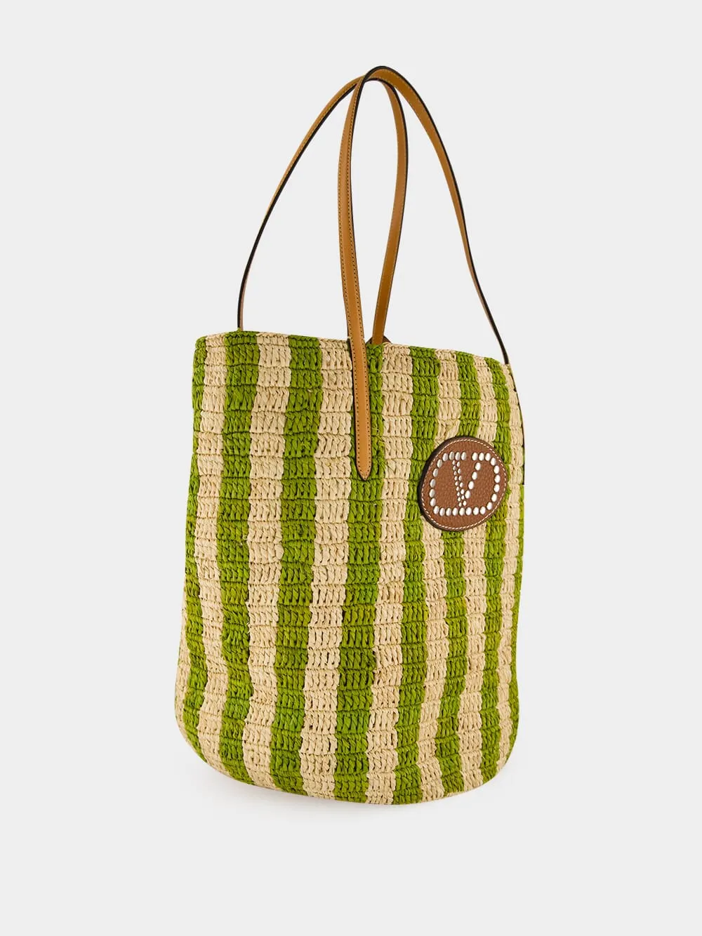 Natural and Green Striped Raffia Shopping Bag sold by Fashion Clinic product image thumbnail 2