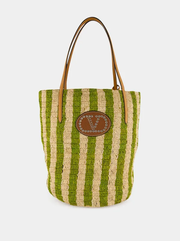 Natural and Green Striped Raffia Shopping Bag made by Valentino Garavani