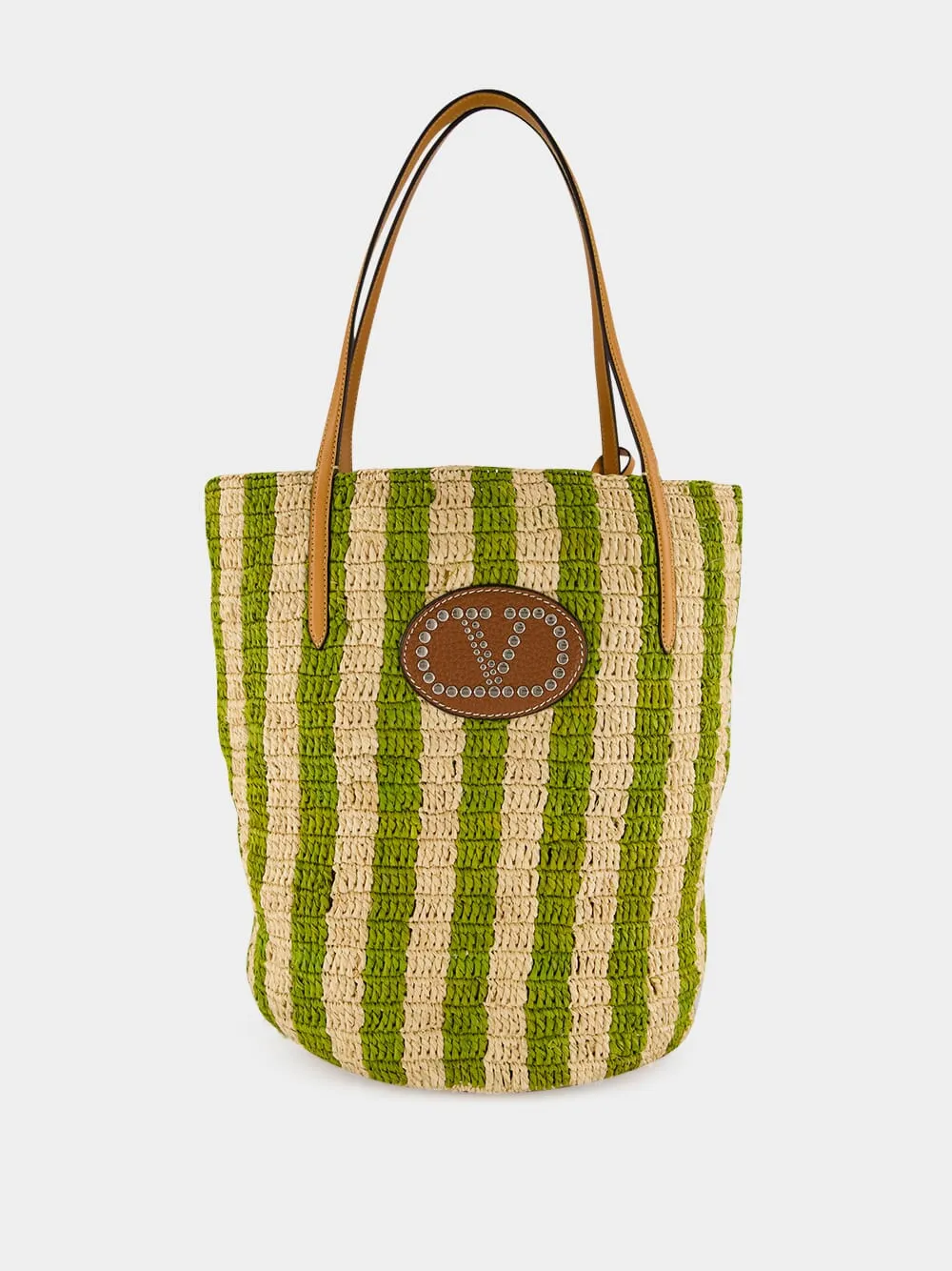 Natural and Green Striped Raffia Shopping Bag sold by Fashion Clinic