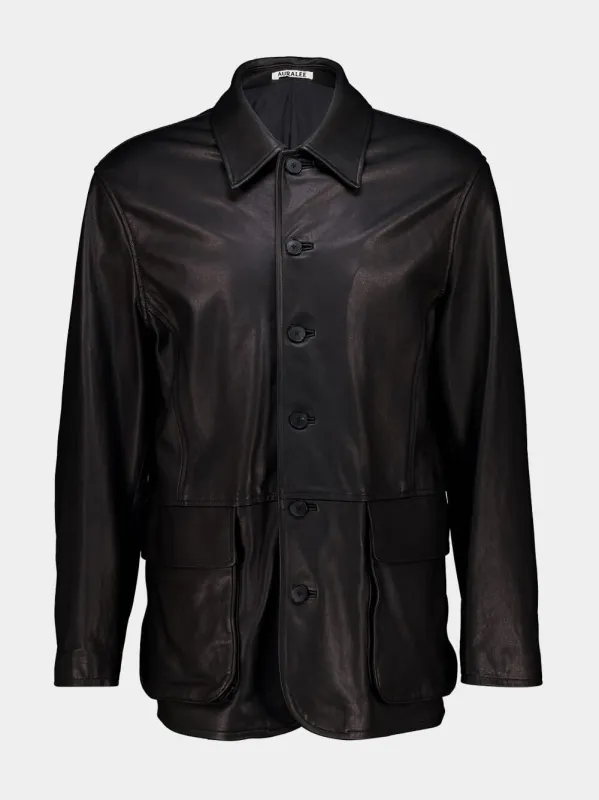 Black Textured Lamb Leather Blouson made by Auralee