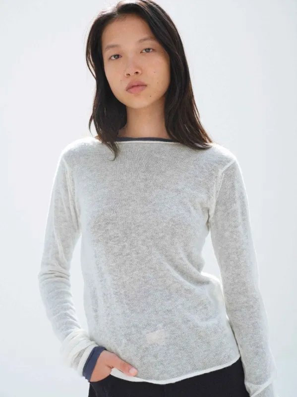 Ivory White Sheer Cashmere Boat Neck Knit made by Auralee