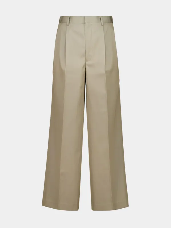 Khaki Beige Wool Gabardine Pleated Trousers made by Auralee