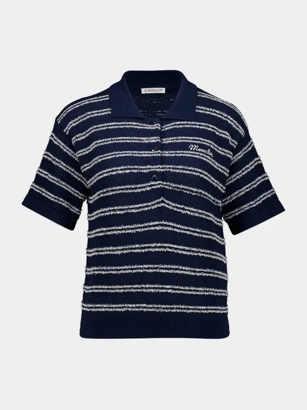 Navy Blue Cotton Blend Bouclé Polo Shirt made by Moncler