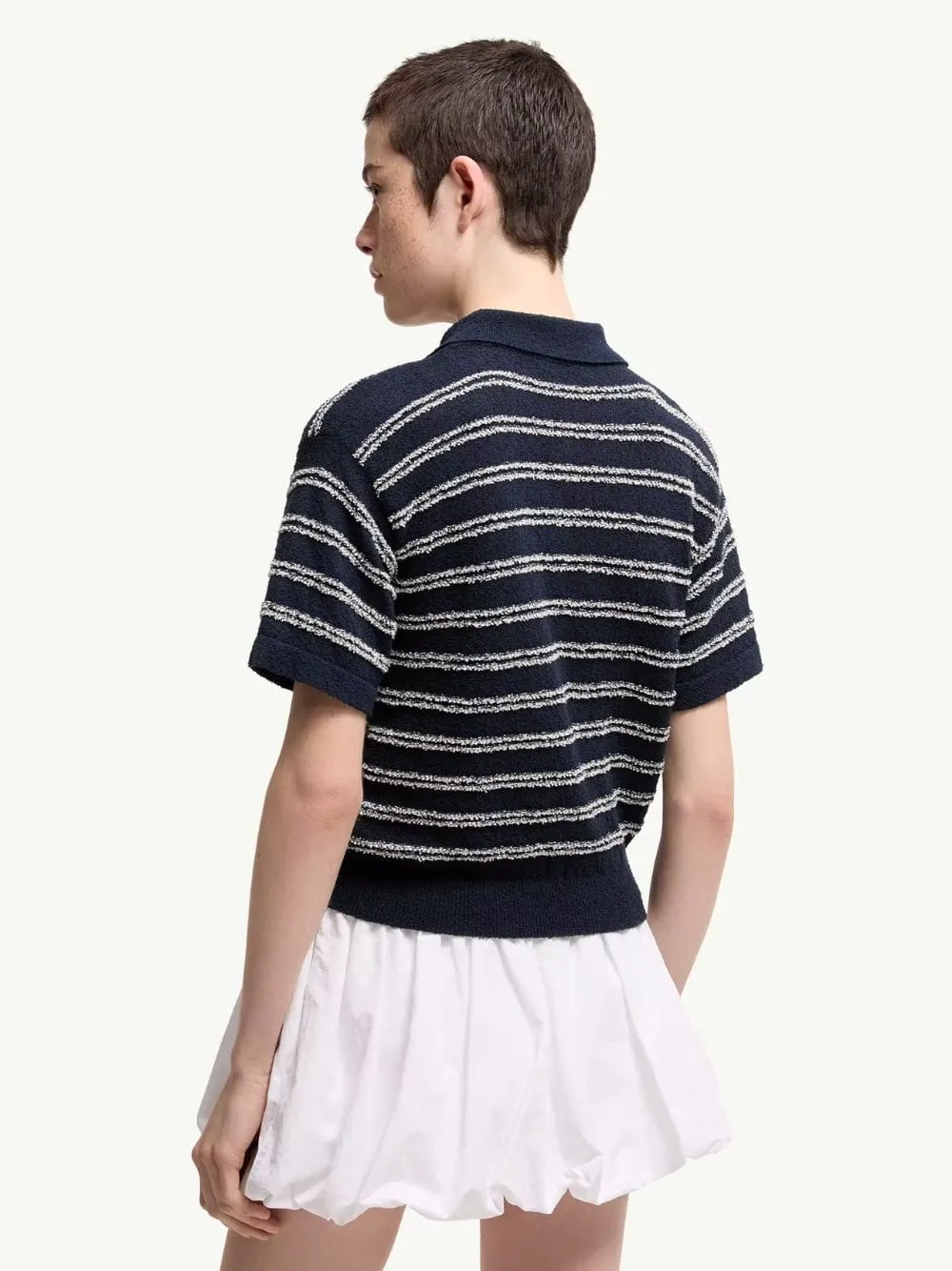 Navy Blue Cotton Blend Bouclé Polo Shirt sold by Fashion Clinic product image thumbnail 4
