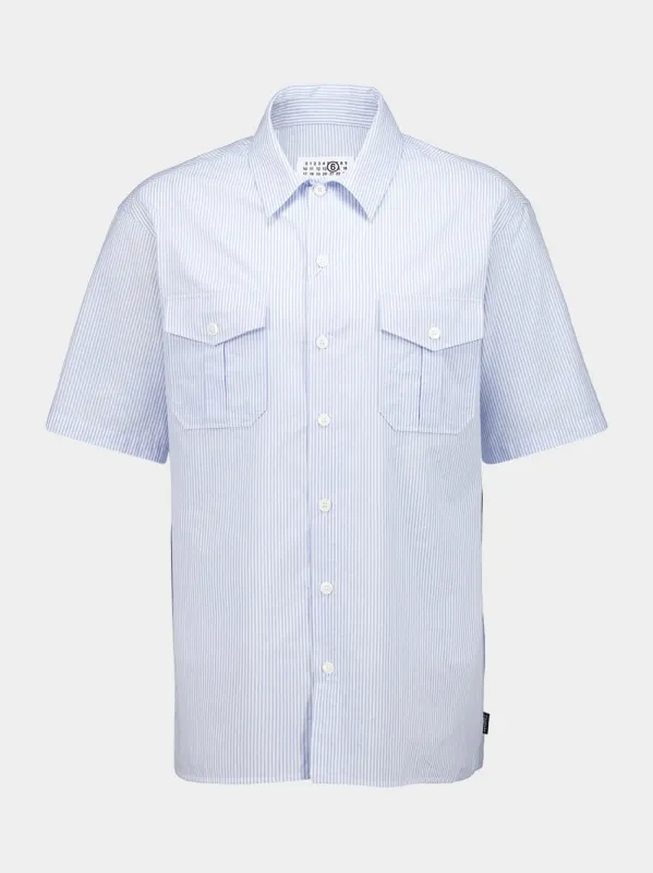 Light Blue Striped Cotton Short Sleeve Shirt made by Maison Margiela