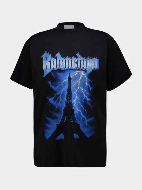 Black Paris Thunderstorm Oversized T-Shirt made by Balenciaga