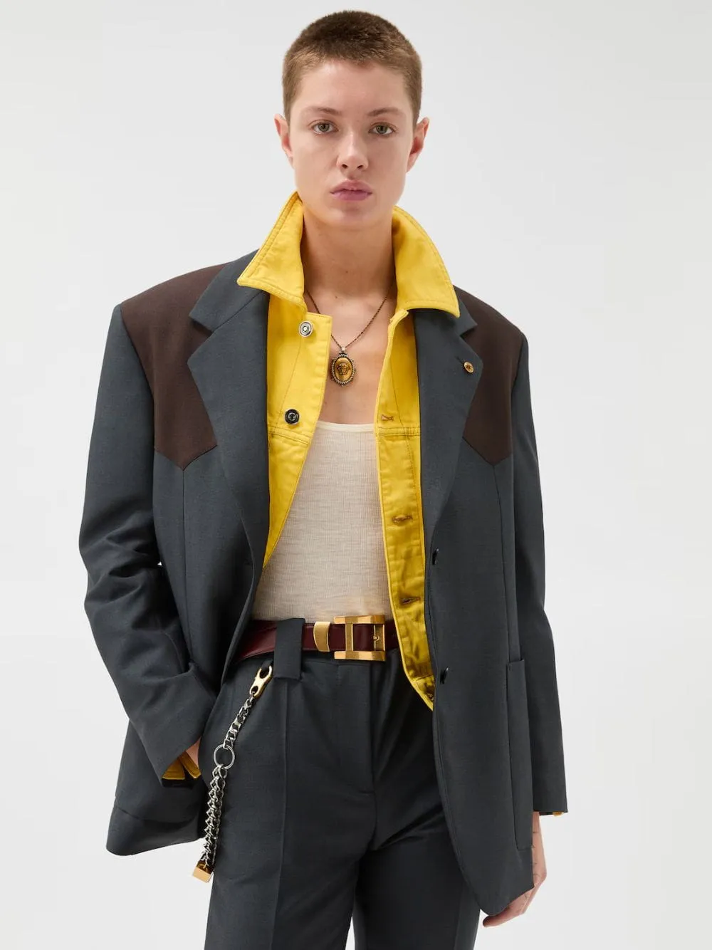 Grey and Brown Wool-Mohair Blazer with Contrast Panels sold by Fashion Clinic