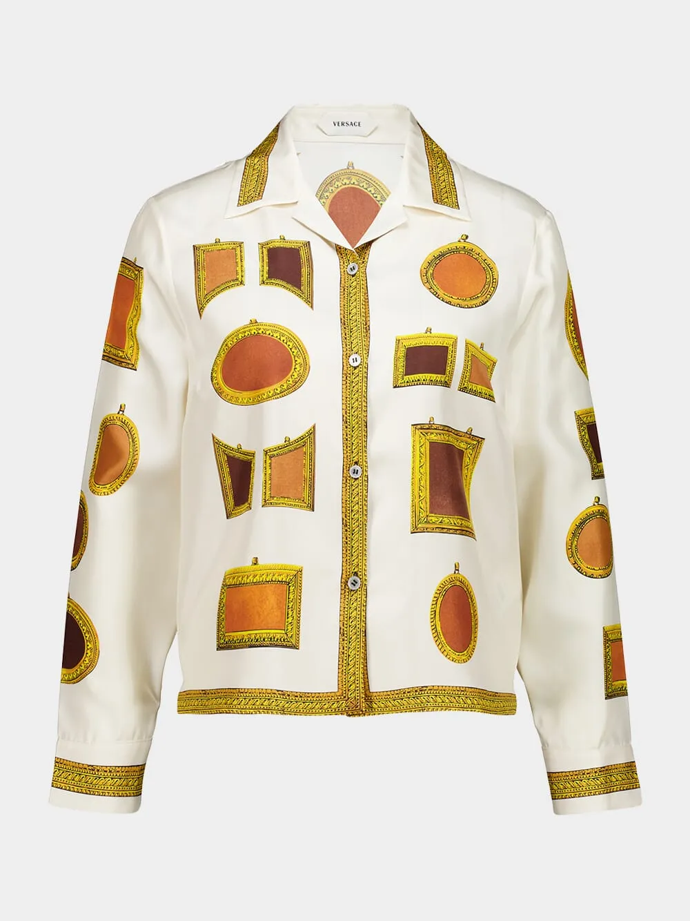 White Printed Silk Twill Shirt with Frame Motif sold by Fashion Clinic