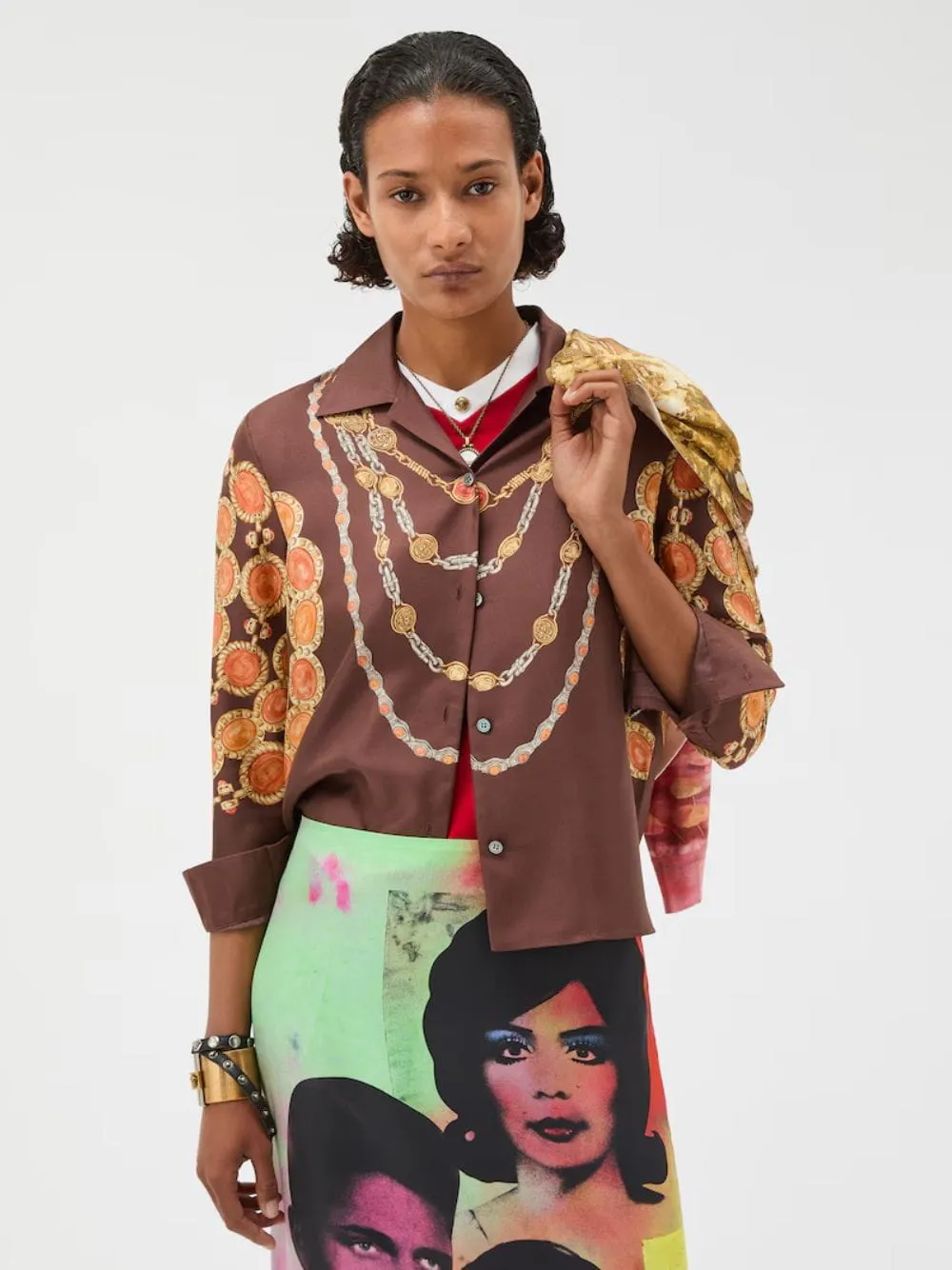 Brown Printed Silk Twill Shirt with Chain Motif sold by Fashion Clinic