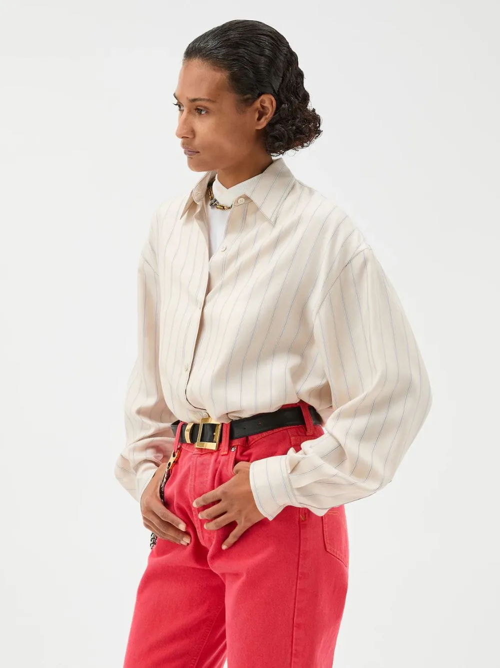 Beige Striped Silk Twill Oversized Shirt sold by Fashion Clinic product image thumbnail 2