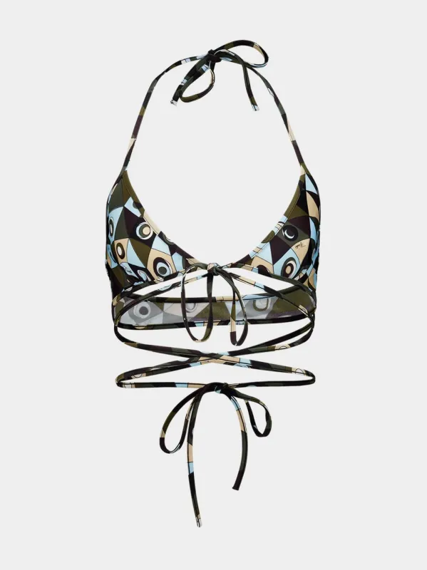 Khaki and Blue Occhi Print Triangle Bikini Top made by Emilio Pucci