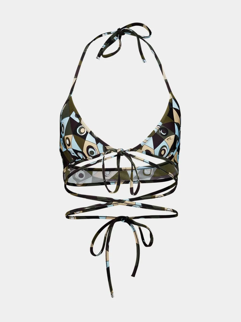 Khaki and Blue Occhi Print Triangle Bikini Top sold by Fashion Clinic