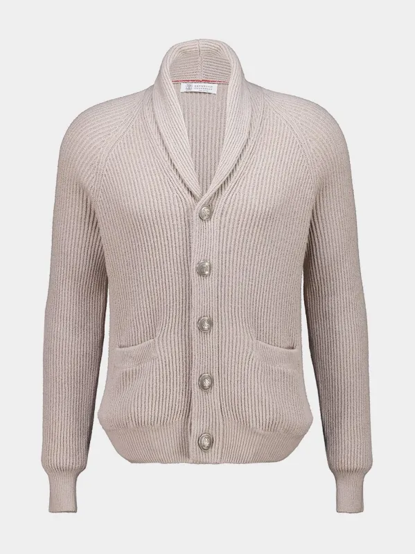 Beige Cotton Rib Knit Cardigan made by Brunello Cucinelli