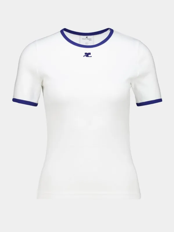 White and Mineral Blue Contrast Cotton T-Shirt made by Courreges