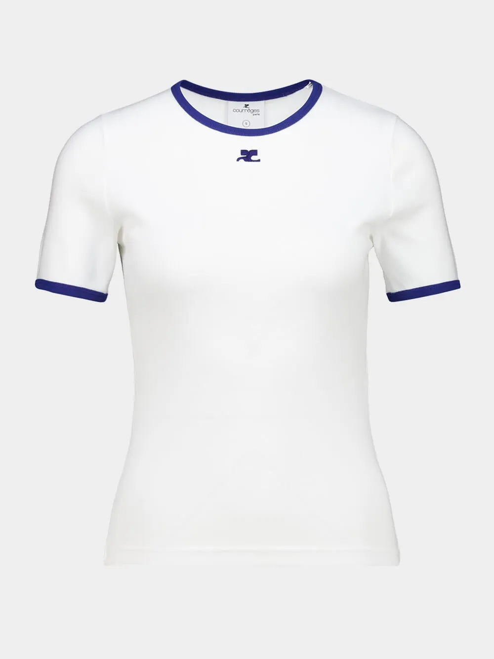 White and Mineral Blue Contrast Cotton T-Shirt sold by Fashion Clinic