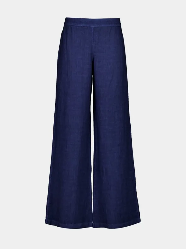 Navy Blue Wide-Leg Linen Trousers made by Fashion Clinic