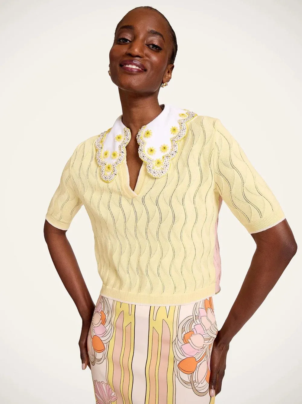 Yellow and Pink Embroidered Silk Cotton Blend Crop Polo sold by Fashion Clinic product image thumbnail 2