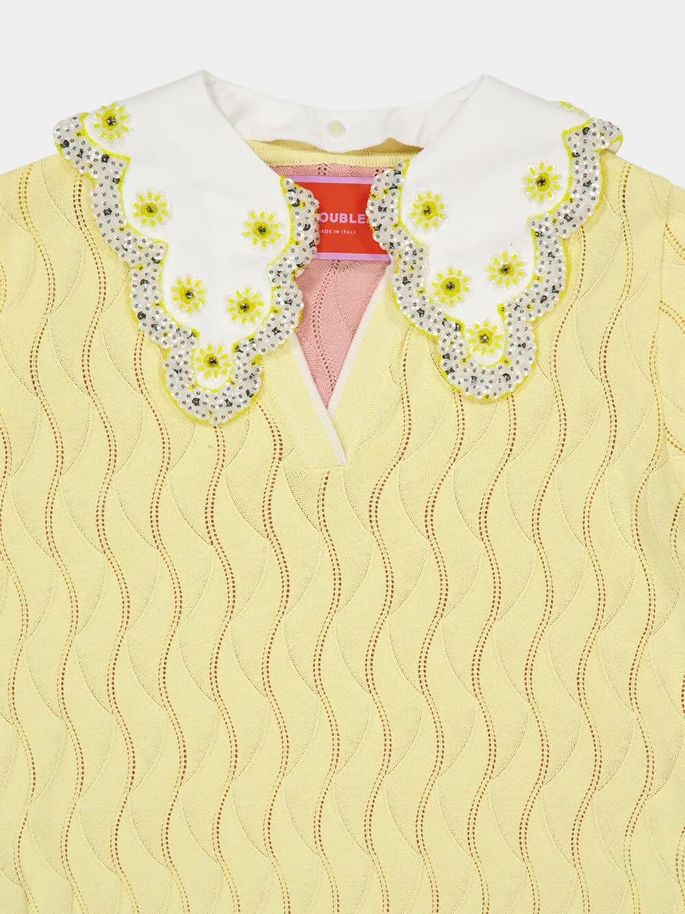 Yellow and Pink Embroidered Silk Cotton Blend Crop Polo sold by Fashion Clinic product image thumbnail 5
