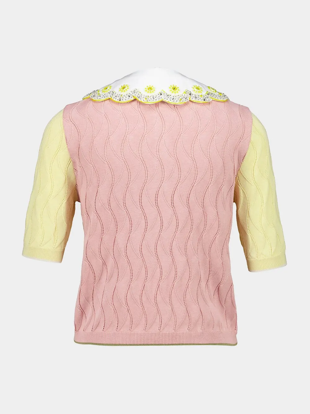 Yellow and Pink Embroidered Silk Cotton Blend Crop Polo sold by Fashion Clinic product image thumbnail 3