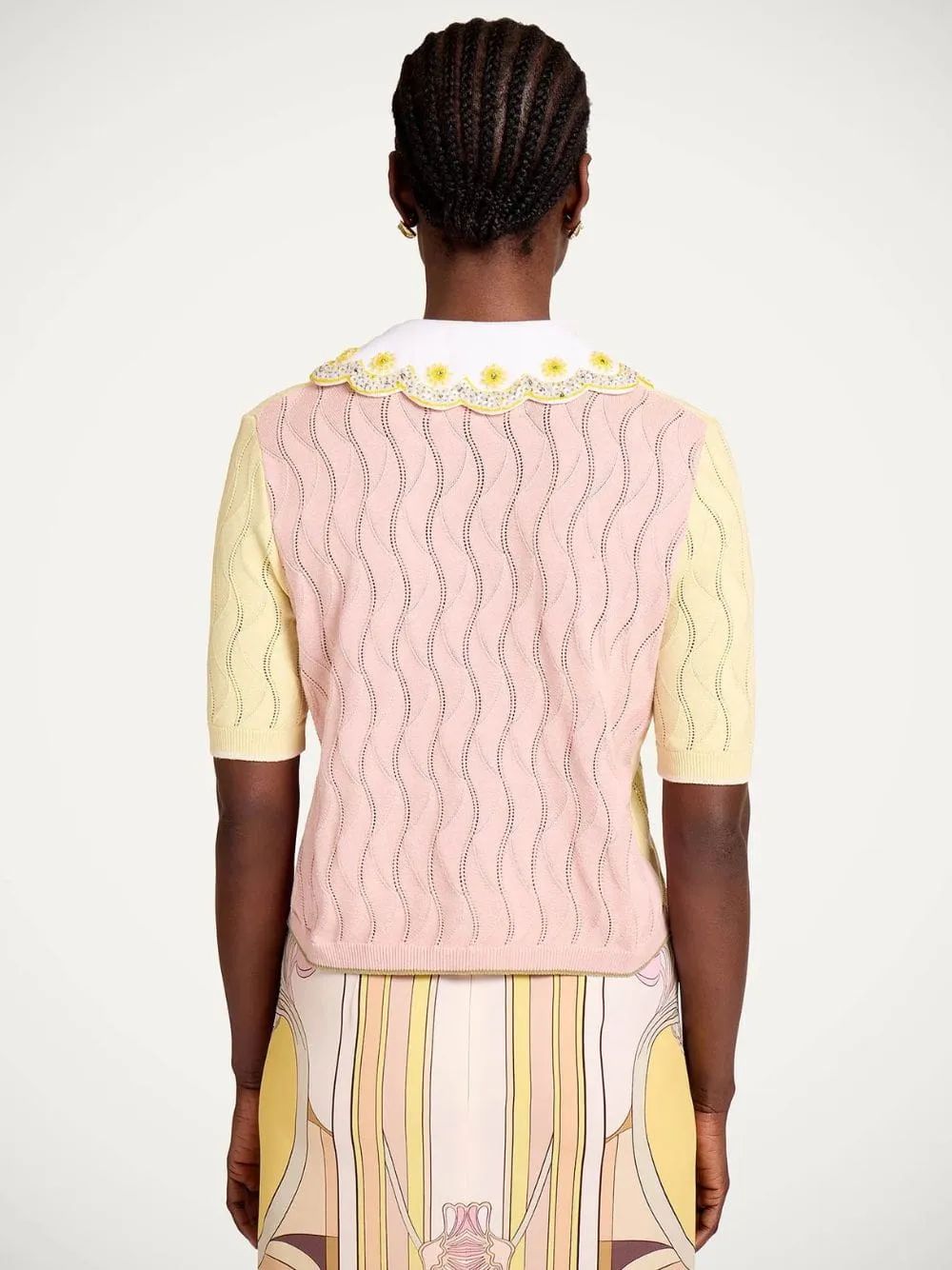 Yellow and Pink Embroidered Silk Cotton Blend Crop Polo sold by Fashion Clinic product image thumbnail 4
