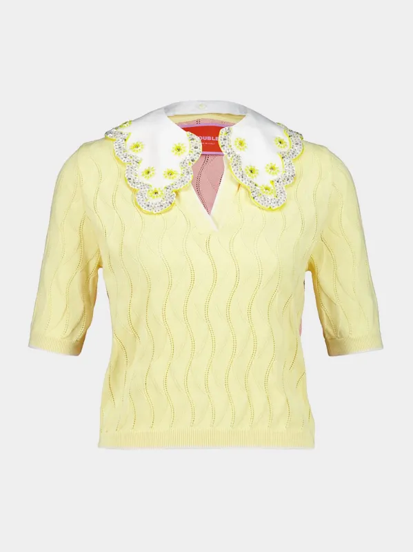 Yellow and Pink Embroidered Silk Cotton Blend Crop Polo made by LA DoubleJ