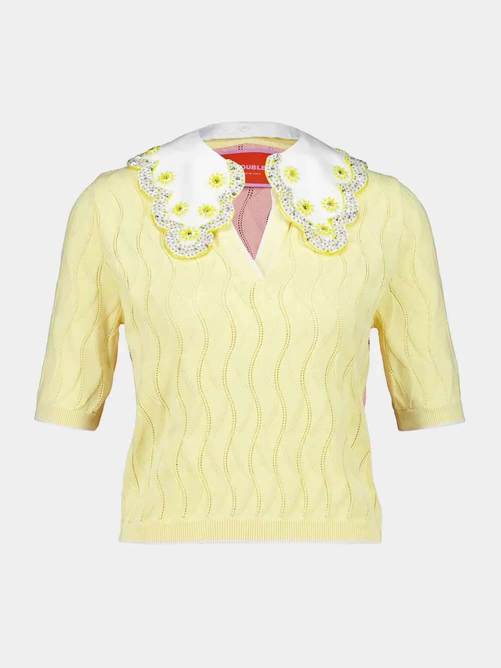 Yellow and Pink Embroidered Silk Cotton Blend Crop Polo sold by Fashion Clinic