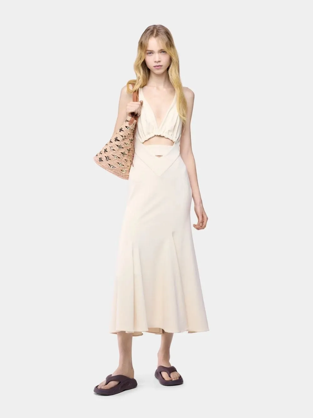 Ivory Cut-Out Midi Dress in Viscose Jersey sold by Fashion Clinic