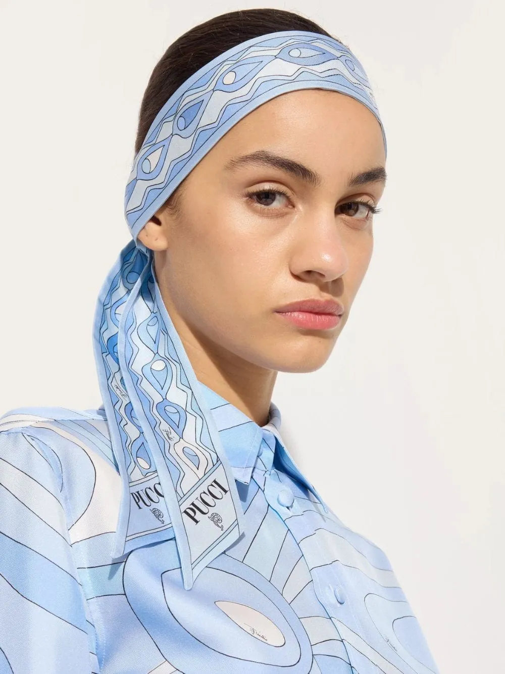 Pale Blue Mixed Print Silk Twill Bandeau Scarf sold by Fashion Clinic product image thumbnail 2