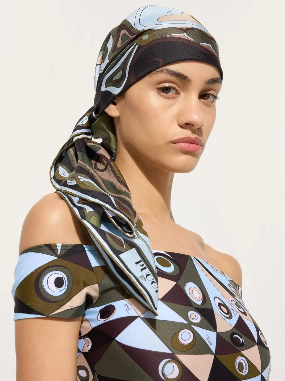 Khaki and Blue Orchidee Print Silk Carré sold by Fashion Clinic