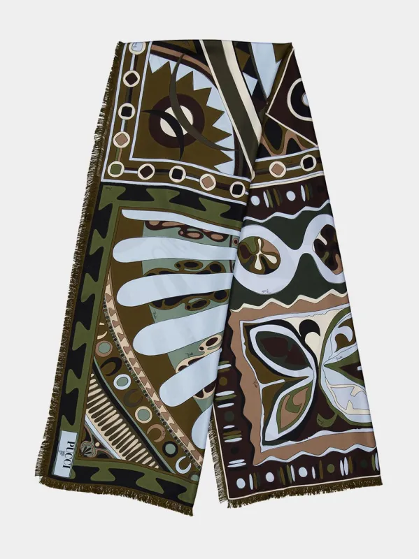 Khaki and Blue Mixed Print Silk Stole made by Emilio Pucci