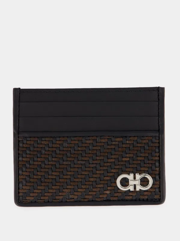 Brown and Black Woven Leather Card Holder made by Salvatore Ferragamo