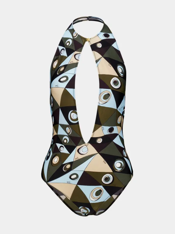 Khaki and Blue Occhi Print Swimsuit made by Emilio Pucci