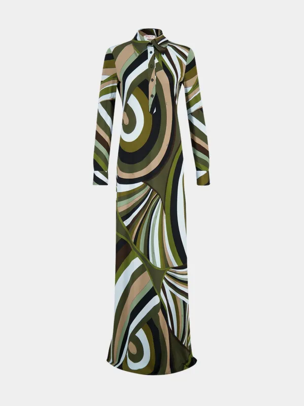 Khaki and Blue Iride Print Chemisier Dress made by Emilio Pucci