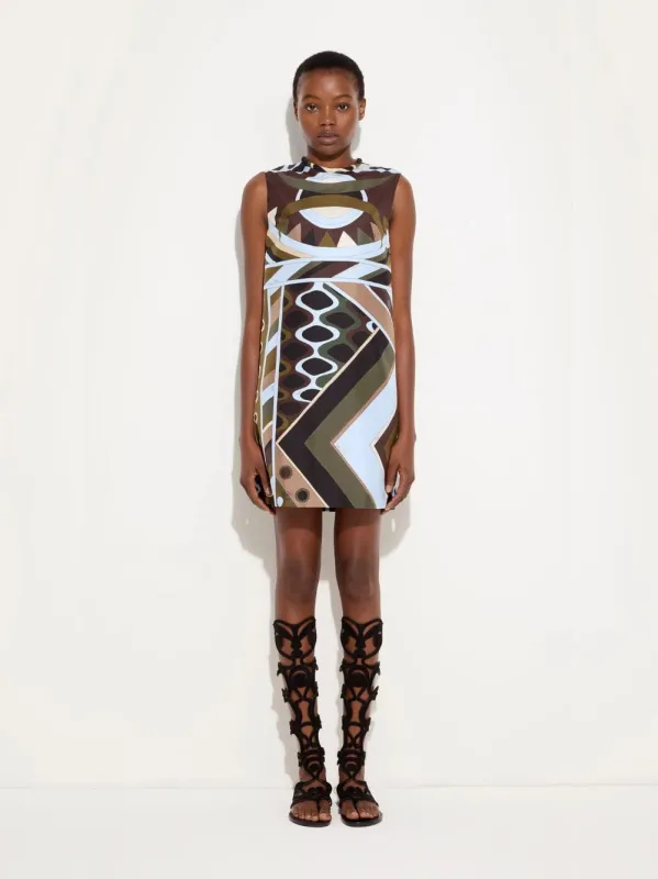 Khaki and Blue Vivara Silk Mini Dress made by Emilio Pucci