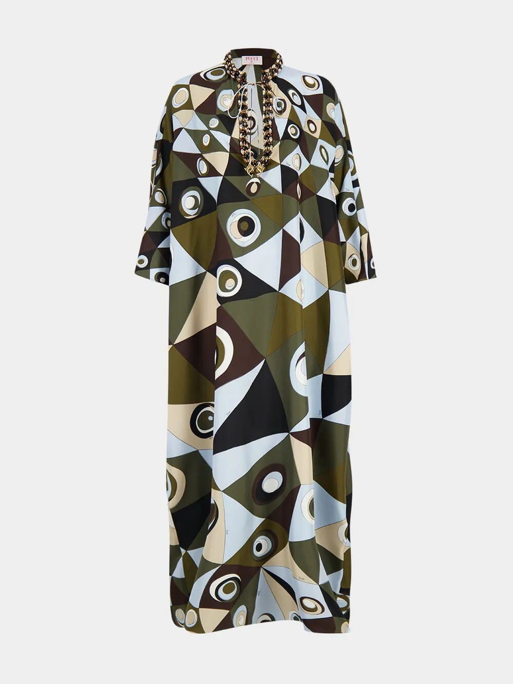 Khaki and Blue Occhi Silk Embellished Kaftan sold by Fashion Clinic