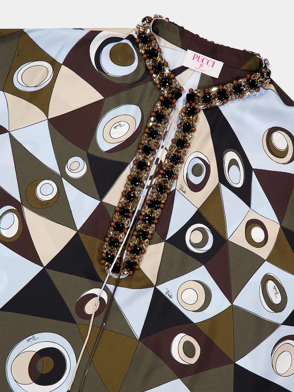 Khaki and Blue Occhi Silk Embellished Kaftan sold by Fashion Clinic product image thumbnail 3