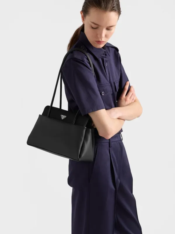 Black Passage Medium Leather Bag with Re-Nylon Flap made by Prada