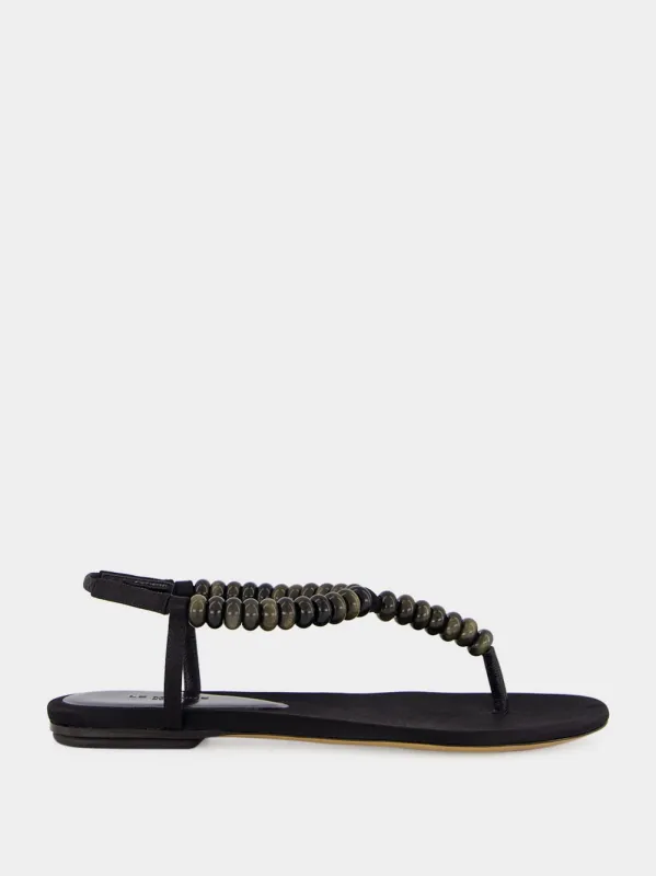 Black Satin Beaded Thong Sandals made by Le Monde Beryl