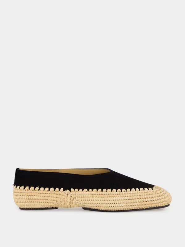 Black Suede and Natural Raffia Strength Flat Shoe made by Gabriela Hearst