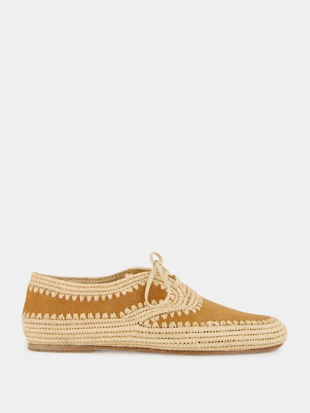 Camel Suede and Natural Raffia Strength Derbies sold by Fashion Clinic