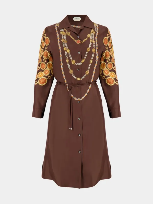 Brown Printed Silk Twill Mini Shirt Dress made by Versace
